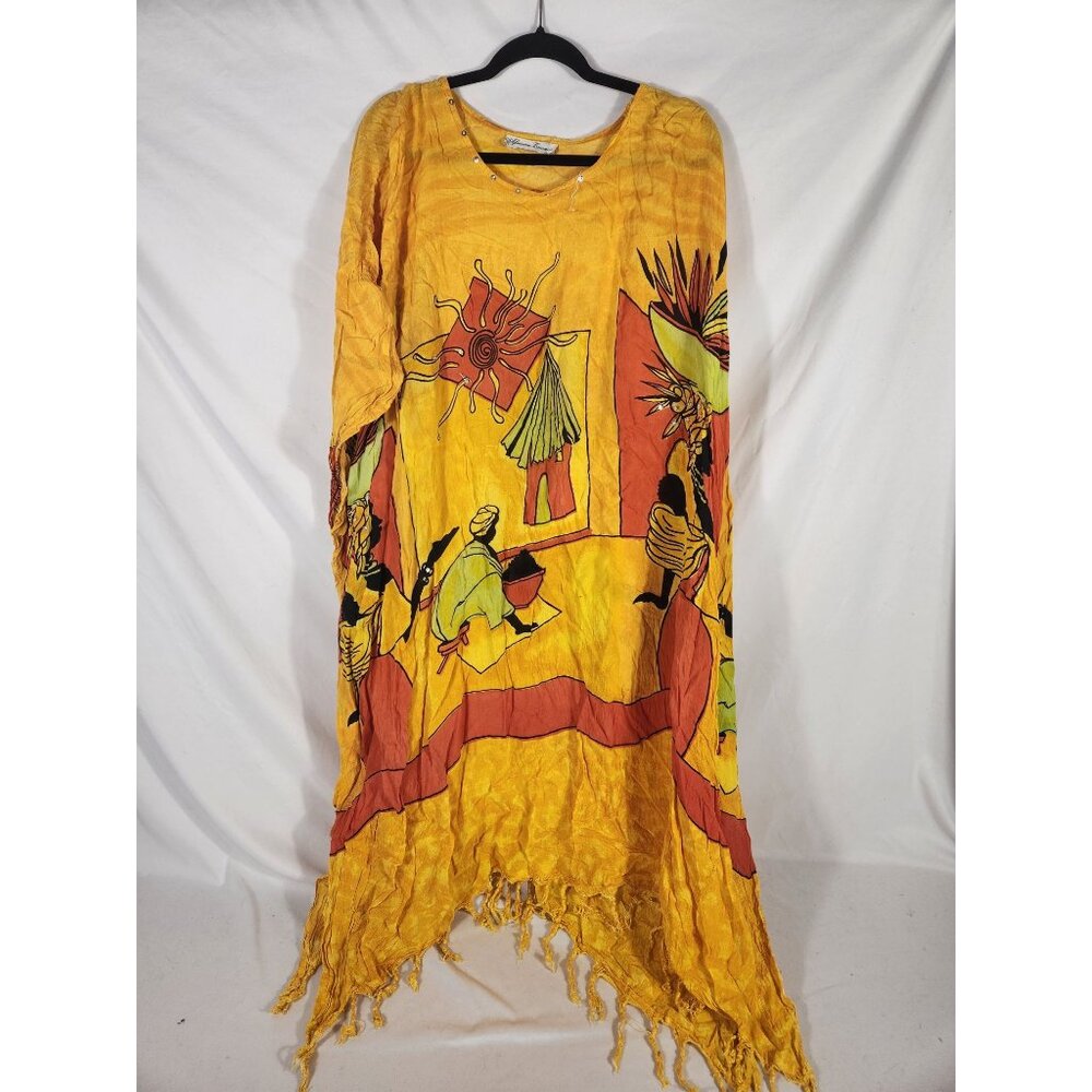 Vintage African Essence Dress Kaftan Ethnic Tribal Print Gold Retro One Size